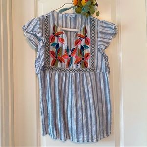 Boho Embroidered Floral Blouse Blue Striped